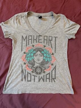 Obey Gray V‑Neck Tee with Teal and Coral Graphic